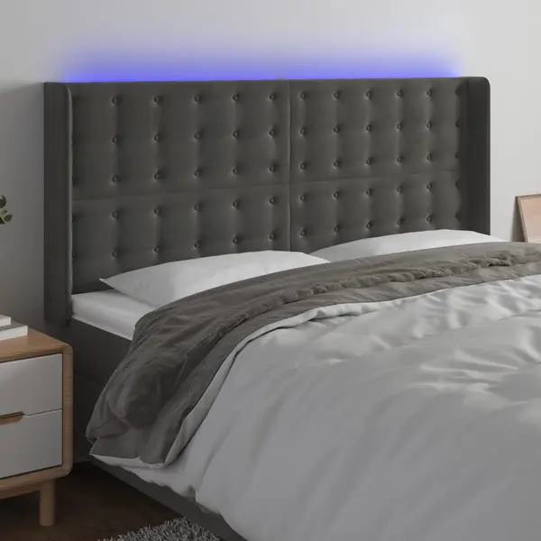 Gossi tablie de pat cu led, gri inchis, 163x16x118/128 cm, catifea