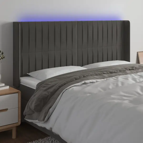 Gossi tablie de pat cu led, gri inchis, 163x16x118/128 cm, catifea