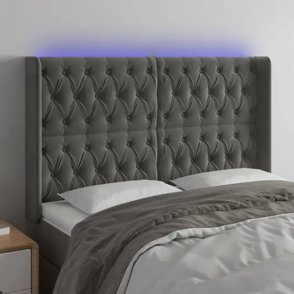 Gossi tablie de pat cu led, gri inchis, 163x16x118/128 cm, catifea