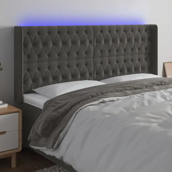 Gossi tablie de pat cu led, gri inchis, 183x16x118/128 cm, catifea