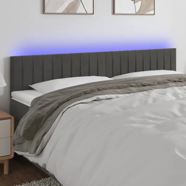 Gossi tablie de pat cu led, gri inchis, 200x5x78/88 cm, catifea