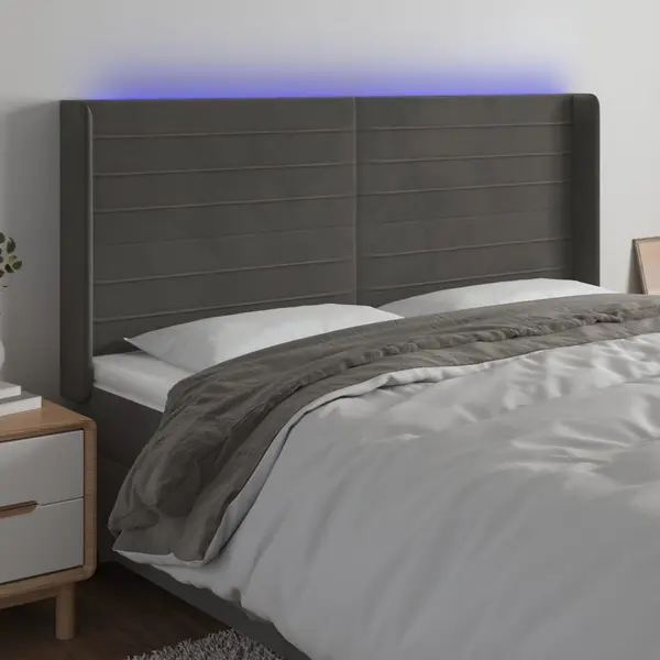 Gossi tablie de pat cu led, gri inchis, 203x16x118/128 cm, catifea