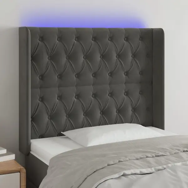 Gossi tablie de pat cu led, gri inchis, 93x16x118/128 cm, catifea