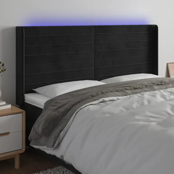 Gossi tablie de pat cu led, negru, 163x16x118/128 cm, catifea