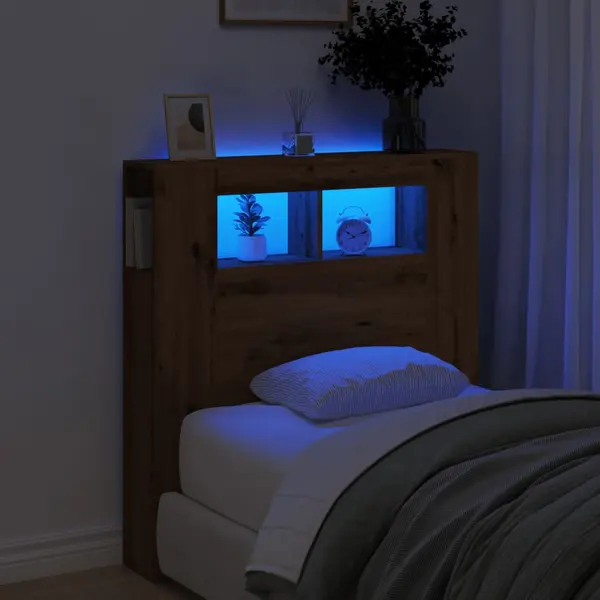 Gossi tablie de pat cu led, stejar artizanal, 100x18,5x103,5 cm, lemn
