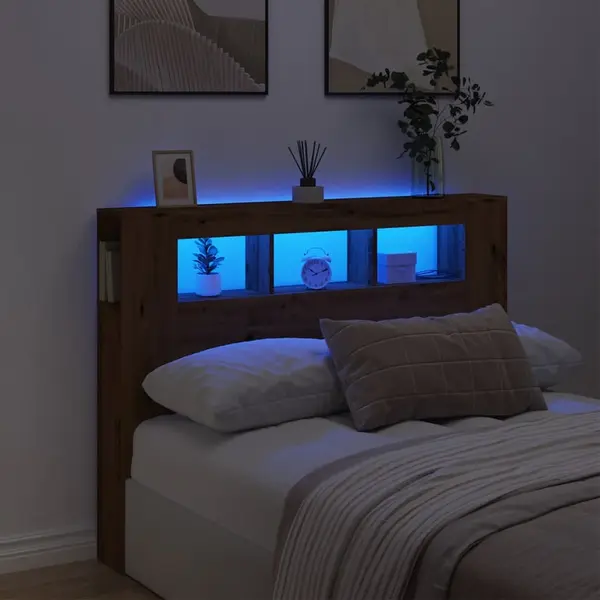 Gossi tablie de pat cu led, stejar artizanal, 140x18,5x103,5 cm, lemn