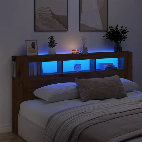 Gossi tablie de pat cu led, stejar artizanal, 200x18,5x103,5 cm, lemn