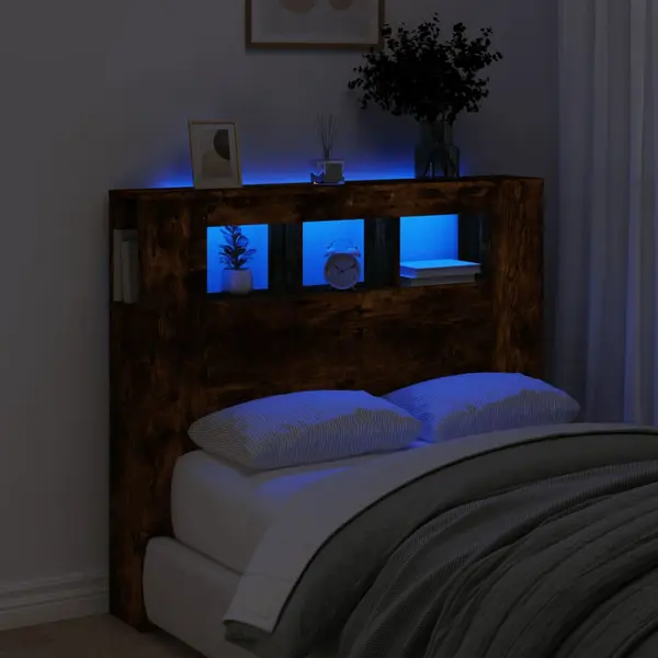 Gossi tablie de pat cu led, stejar fumuriu, 120x18,5x103,5 cm, lemn