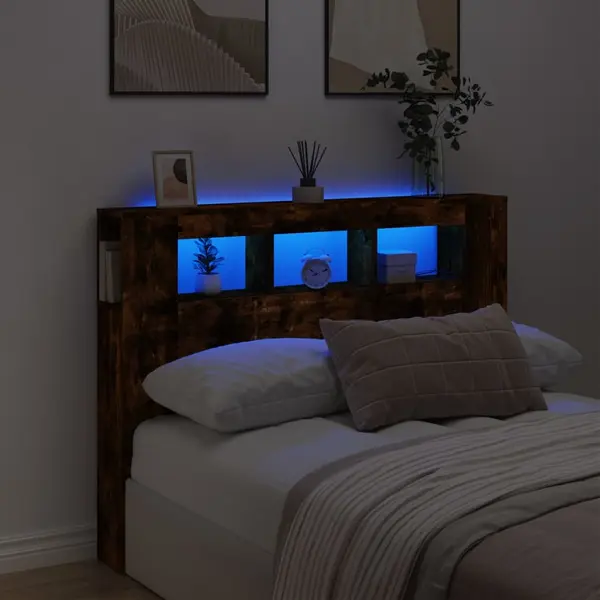 Gossi tablie de pat cu led, stejar fumuriu, 140x18,5x103,5 cm, lemn