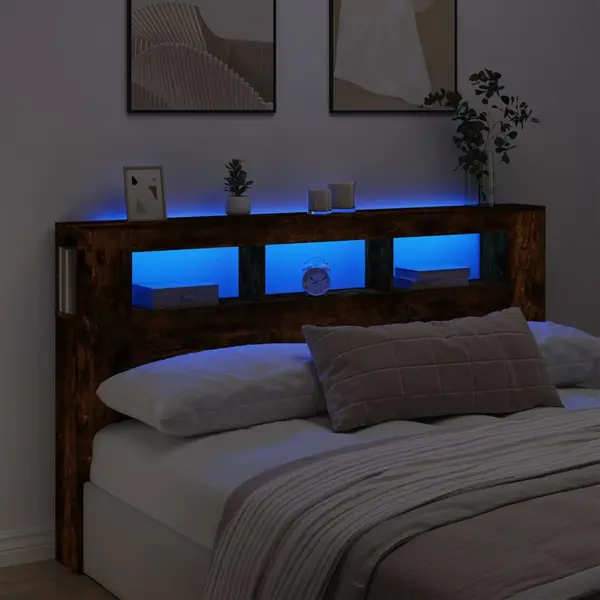 Gossi tablie de pat cu led, stejar fumuriu, 180x18,5x103,5 cm, lemn