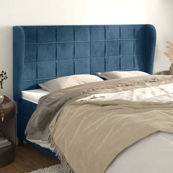 Gossi tablie pat cu urechi albastru inchis 163x23x118/128 cm catifea