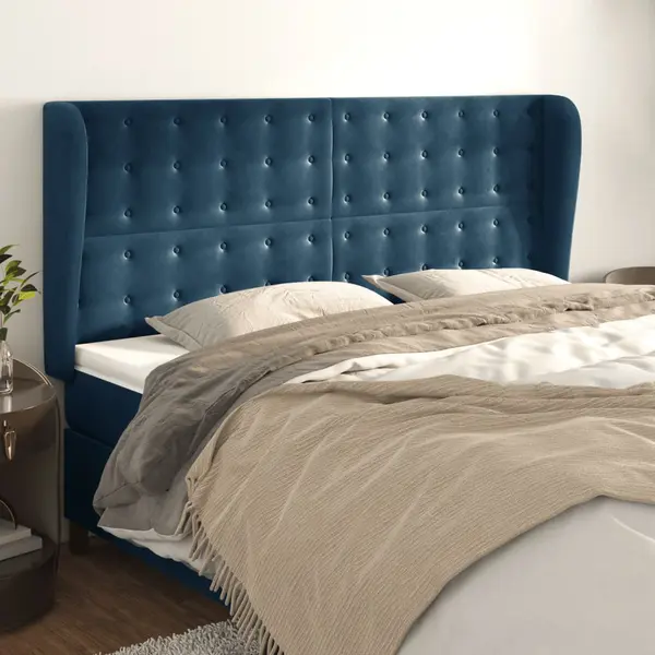 Gossi tablie pat cu urechi albastru inchis 183x23x118/128 cm catifea