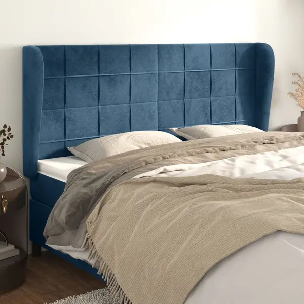 Gossi tablie pat cu urechi albastru inchis 203x23x118/128 cm catifea