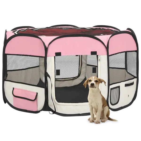 Gossi tarc joaca pliabil caini cu sac de transport roz 110x110x58 cm