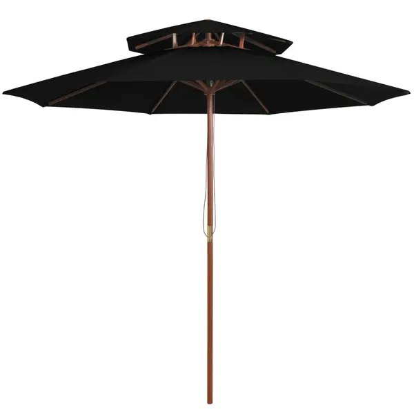 Gossi umbrela de soare dubla, stalp din lemn, negru, 270 cm