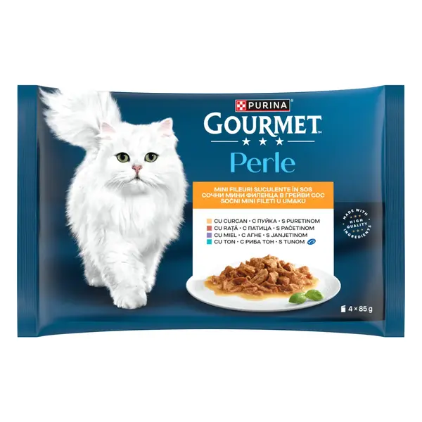 GOURMET Perle Curcan, Rață, Miel, Ton, plic hrană umedă pisici, (în sos), multipack, 85g x 4buc