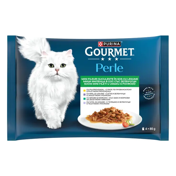 GOURMET PERLE Multipack, Vitel, Iepure, Miel, Pui Provencale, 4x85 g
