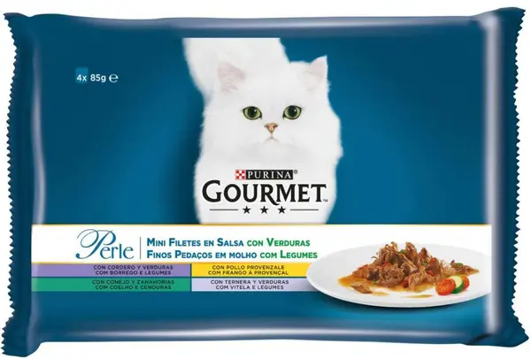 GOURMET Perle Pachet plicuri Miel, Pui, Viţel, Iepure cu Legume sos exotic 4x85g