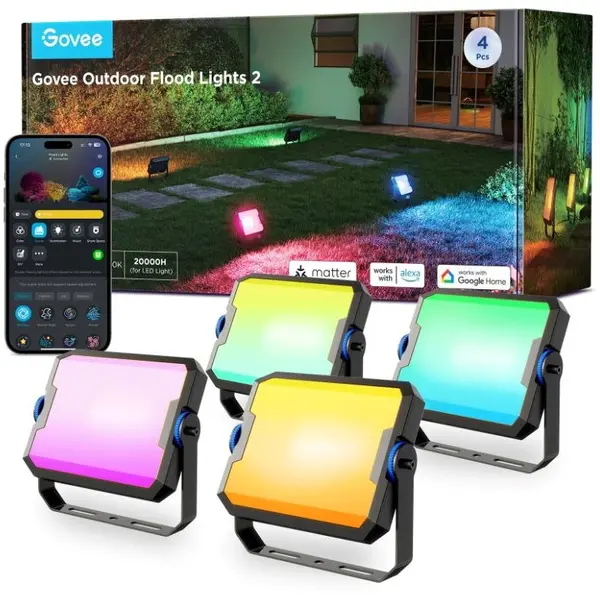 Govee Set 4 proiectoare LED RGBICWW inteligente pentru exterior Govee Ground Lights 2 H8057, matter, Wi-Fi, Bluetooth, 24W, 1000 lm, Sincronizare Muzica, IP66