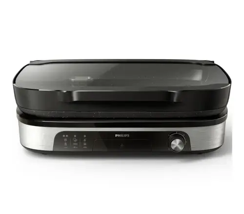 Gratar electric de masa Philips Seria 5000 HD6212/90, 2400 W, temperatura reglabila, dispozitiv de afumare, suprafata de frigere mare: 1250 cm², plita versatila, strat de piatra Maifan, placi detasabile, capac de sticla (Negru/Inox)
