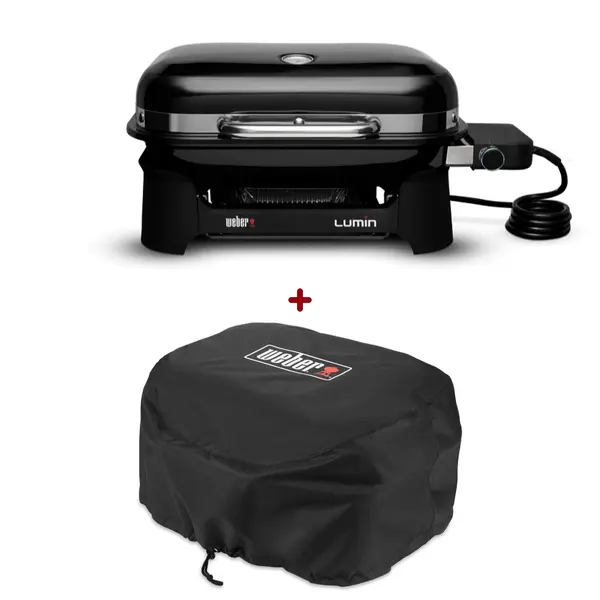 Gratar electric exterior profesional Weber Lumin negru cu capac fara fum si husa gradina sau balcon email + inox temepratura mare grilaj fonta
