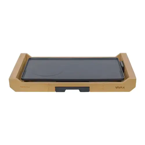 Gratar electric Vivax EG-4020HZ, 2200 W, Termostat detasabil, Tava curatare detasabila, Suprafata plita, Carcasa lemn de bambus (Negru/Bambus)