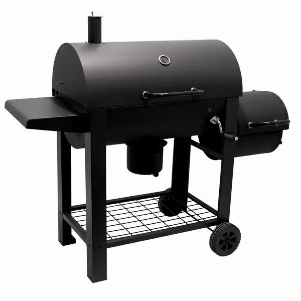 Gratar pe carbuni cu afumatoare KLUGMEISTER KY23020G, material otel, cu capac si roti de deplasare, suprafata gatire 66x42 cm