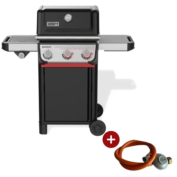 Gratar pe gaz Weber de gradina Spirit E-335 cu 3 arzatoare si masute laterale + regulator + spatiu de depozitare butelie
