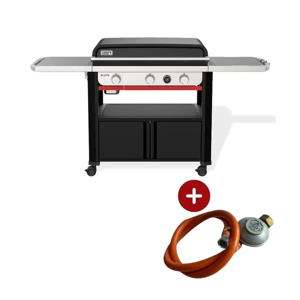 Gratar pe gaz Weber premium cu plita fonta Slate GPD 76 cm cu regulator + masute laterale + spatiu depozitare