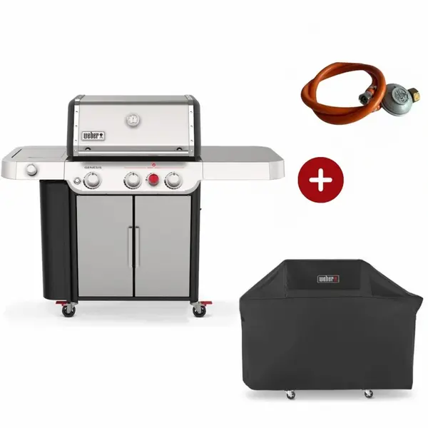 Gratar pe gaz Weber premium inox cu 3 arzatoare si arzator lateral gradina + butelie in spatiu depozitare interior si husa 12 ani garantie
