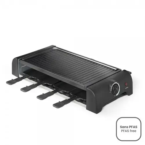 Gratar raclette pentru 8 persoane Livoo DOC312, 1300W, tava de gratar detesabila cu acoperire antiaderenta, termostat reglabil, picioare antiderapante, 8 tigai cu acoperire antiaderenta si 8 spatule (Negru)