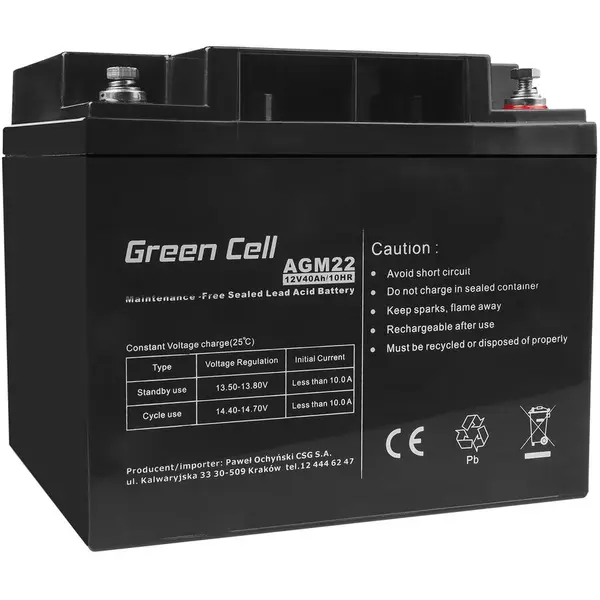 Green Cell Acumulator stationar AGM 12V 40Ah VRLA plum acid baterie fara mentenanta cositoare scuter barca Green Cell