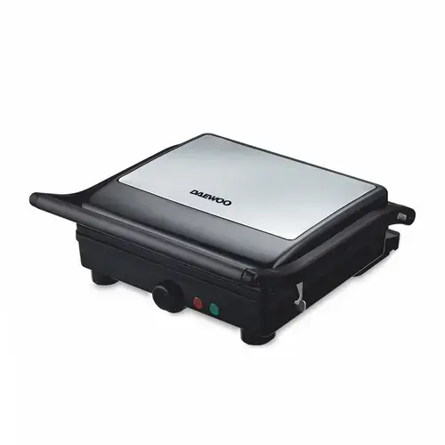 Grill electric Daewoo DG2000X, 2000W, capac si maner din inox, indicatori luminosi, buton pornire/oprire, termostat reglabil, deschidere placi la 180° (Inox)