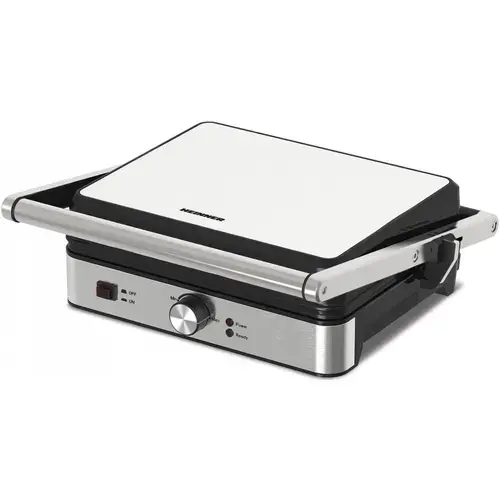 Grill electric Heinner SunsetGrill HEG-K2000SS, 2000W, Placi fixe cu invelis antiaderent, Dimensiuni placi: 30 X 24.9 cm, Temperatura reglabila, Maner rece, Deschidere 180˚, Indicatoare luminoase „ON” și „gata de folosire”, Tava colectare ulei