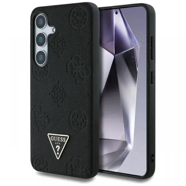 Guess Husa Grained Hot Stamp Peony Pattern Triangle MagSafe Samsung Galaxy S25 Negru