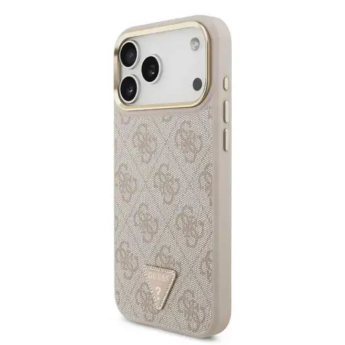 Guess Husa Leather 4G Triangle Logo Gold Frame MagSafe iPhone 17 Pro Max Roz