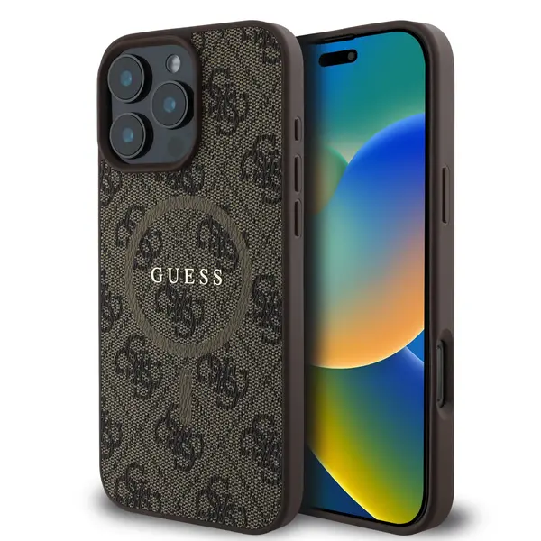 Guess Husa PU Leather 4G Colored Ring MagSafe iPhone 16 Maro