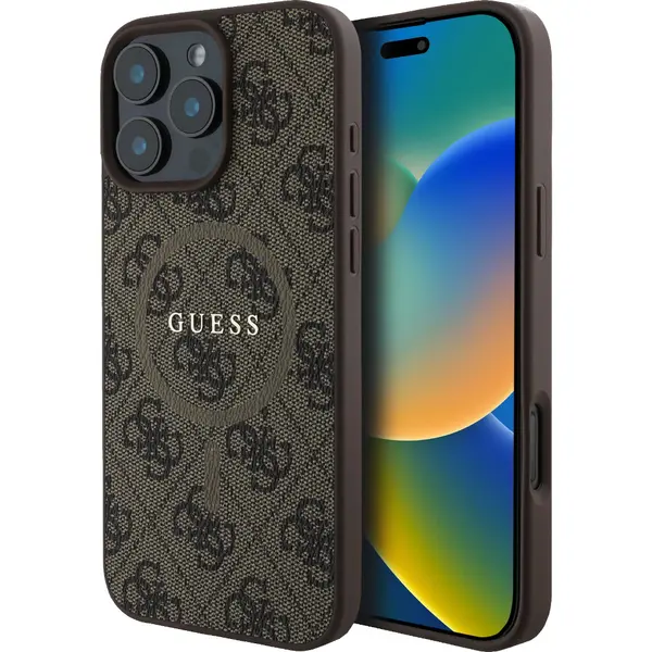 Guess Husa PU Leather 4G Colored Ring MagSafe iPhone 16 Pro Max Maro