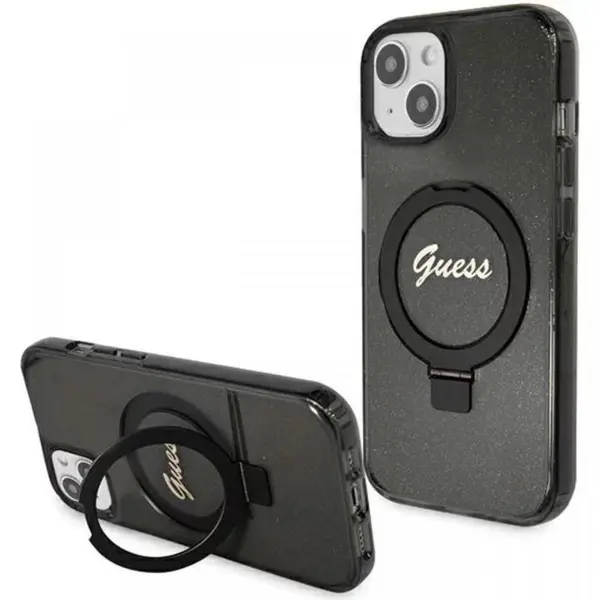 Guess Husa Ring Stand Glitter MagSafe iPhone 15 Negru