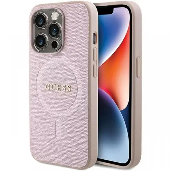 Guess Husa Saffiano MagSafe iPhone 15 Pro Roz