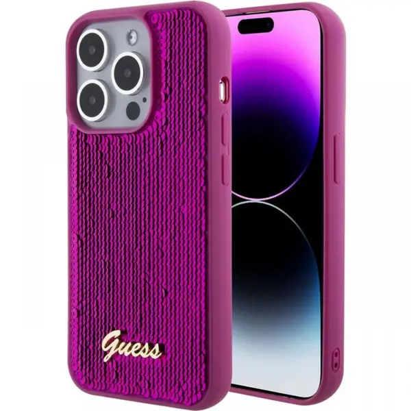 Guess Husa Sequin Script Logo iPhone 15 Pro Magenta