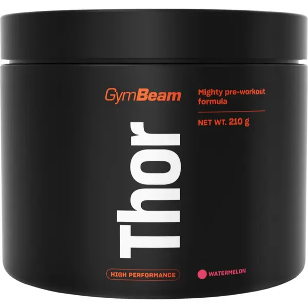 GymBeam Thor Pre-Workout favorizează performanțele sportive cu cafeina aroma Watermelon 210 g