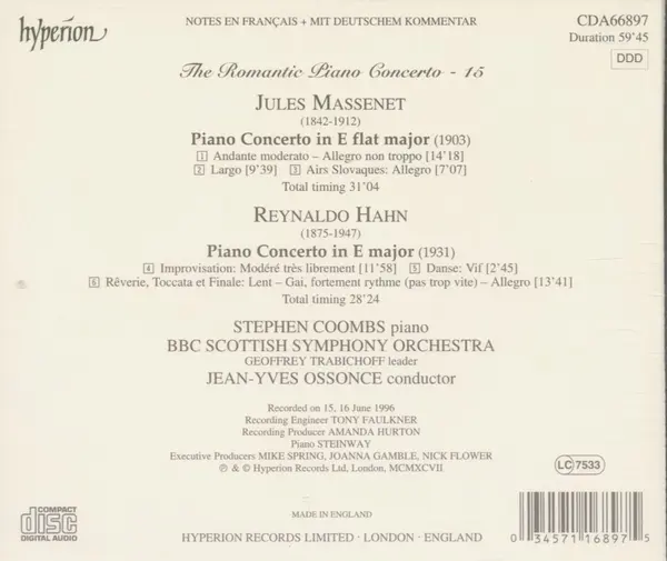 Hahn: Piano Concerto In E Major / Massenet: Piano Concerto In E Flat Major | Stephen Coombs, BBC Scottish Symphony Orchestra, Jean-Yves Ossonce