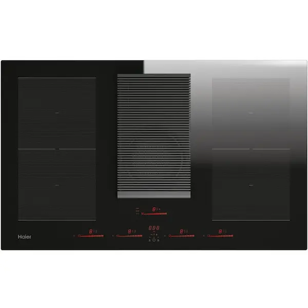 HAIER Plita incorporabila cu hota inclusa Haier HAIH8IFMCE, Inductie, 4 zone de gatit, Zona Double Bridge, Control tactil, Indicator de caldura reziduala, Timmer, Booster, Incalzire automata, Hota evacuare, Clasa A, 80 cm, Negru