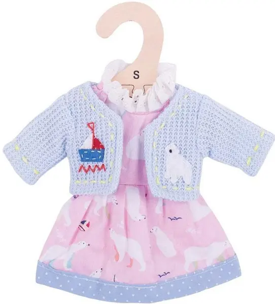 Hainuta pentru papusa Bigjigs - Rochie roz cu bluza, urs polar, 25 cm