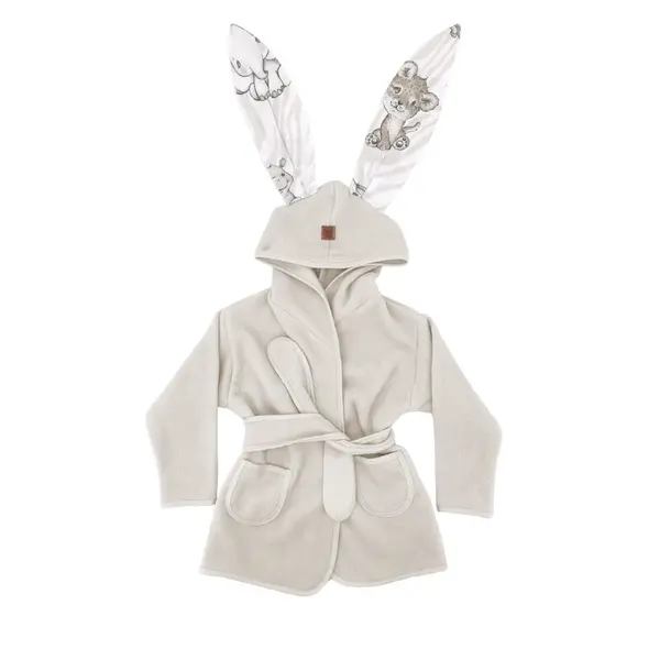 Halat de baie, MimiNu, Cu urechi, 2 - 5 ani, Moale, Cu buzunare, Cu cordon, Din bumbac si thermo fleece, Materiale certificate Oeko Tex Standard 100, Safari Beige