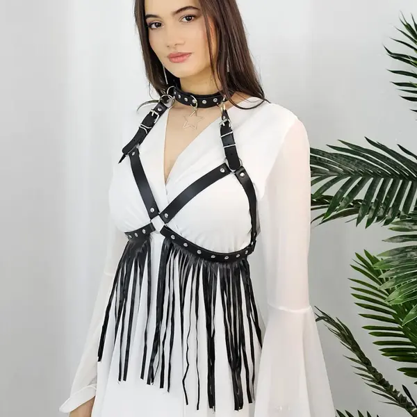 Ham piele ecologica Ezza, cu choker, franjuri lungi si pandativ stea, Negru