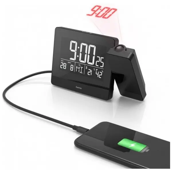 Hama Ceas cu alarma si proiectie Hama Plus Charge, Negru