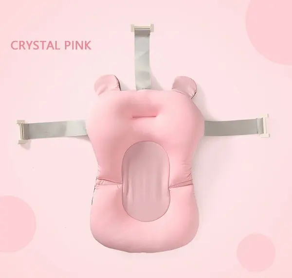 Hamac de baie pentru copii, Little Mom, design ergonomic cu fixare pe cadita in clipsuri laterale, material cu uscare rapida umplut cu bilute mici de poliester, dimensiune 76 x 51 cm, Baby Pink
