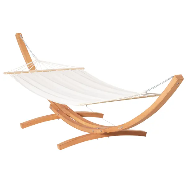 Hamac Outsunny cu Suport din Lemn si Bumbac, Hamac de Gradina pentru alte Spatii Exterioare, 392x120x102cm, Alb | Aosom Romania